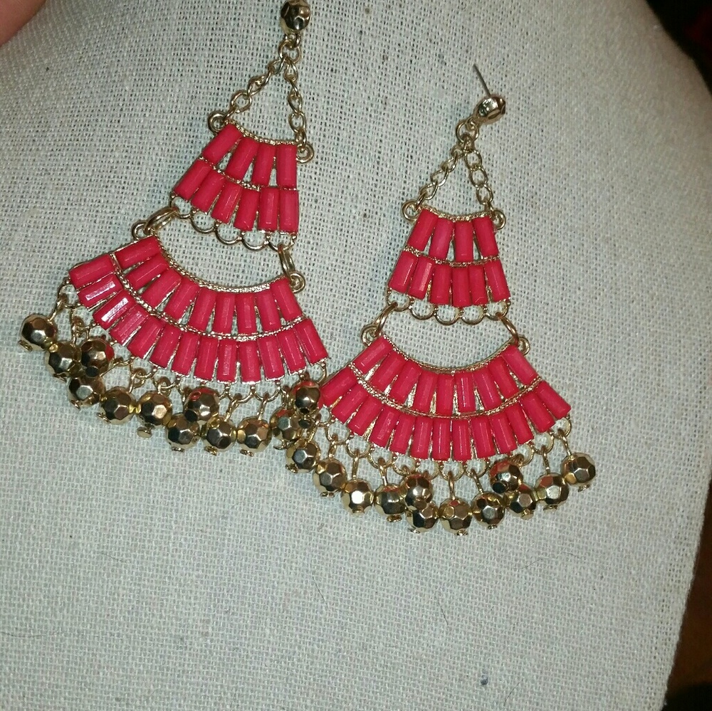 M. Haskell Gold Tone & Dark Pink Chandelier Earrin